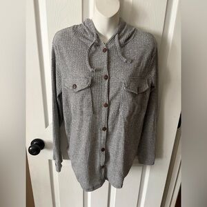Hooded Waffle Knit Gray Button Down Shirt Womens Size Small Lightweight Shacket